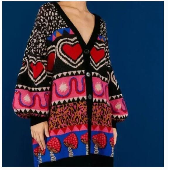 Farm Rio Ainika Elements Cardigan Sweater M Pink Heart Mushroom Pink Boho - Picture 3 of 10